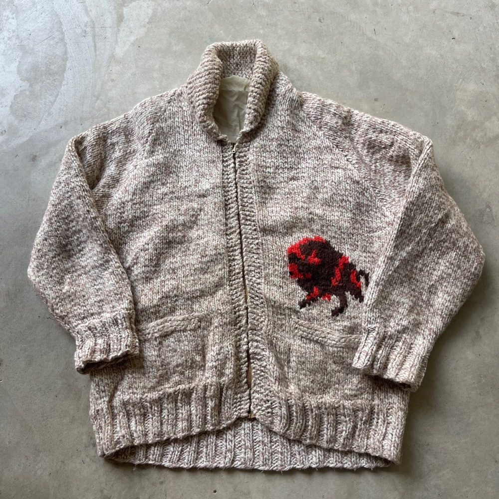 Vintage Bison Cowichan Sweater Chunky Wool Knit Cardigan Talon Zip Beige Brown